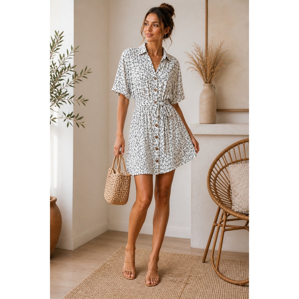 Scandi Girl Leaf Print Shirt Dress Short Mini Business Casual Party Vaca Size S